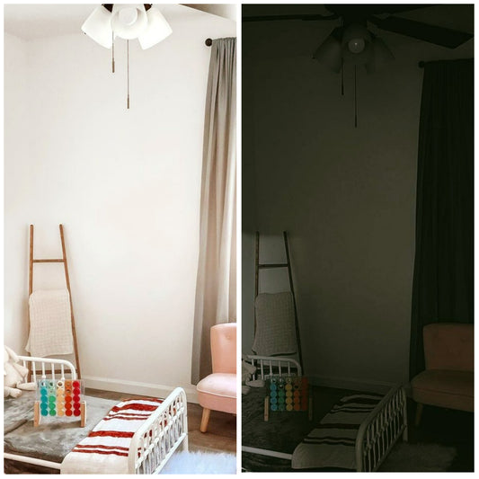 split image of bright nursery and dark nursery with blackout curtains