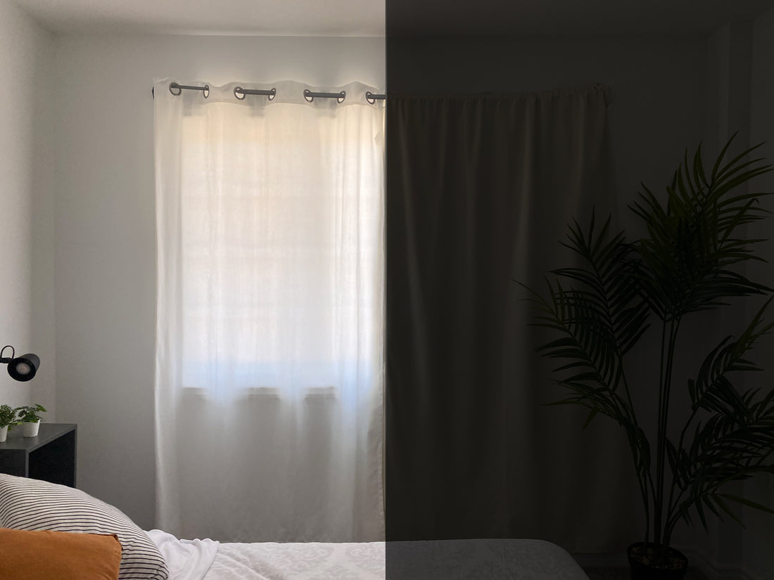 A bedroom with sheer (left) and blackout (right) curtain panels installed, showing the difference in darkness